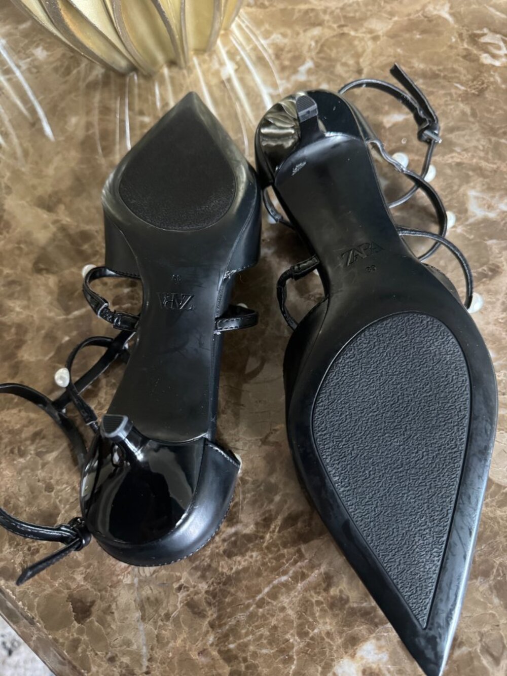 "Consigning Soon" NWOT Zara Black Pearl Strap Kitten Heel - Picture 5 of 6